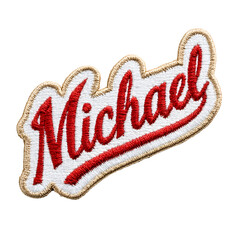 Stylish embroidered name patch, vibrant red script on a fabric background, ideal for personalizing clothing or accessories. Isolated on white background or PNG