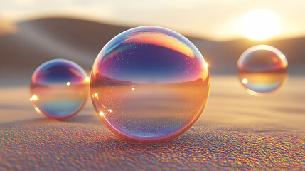 Iridescent soap bubbles on a sandy surface at sunset, reflecting the vibrant sky.  A tranquil and dreamy scene.