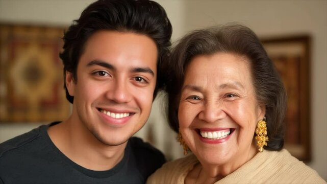 A young man with black hair and brown eyes smiles as he stands beside his mother