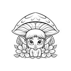 Adorable Mushroom Elf Coloring Page Fantasy Line Art Illustration