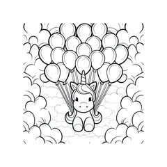 Adorable Unicorn Soaring with Balloons A Fun Coloring Page