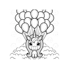 Adorable Unicorn with Balloons Coloring Page Cute Fantasy Illustration