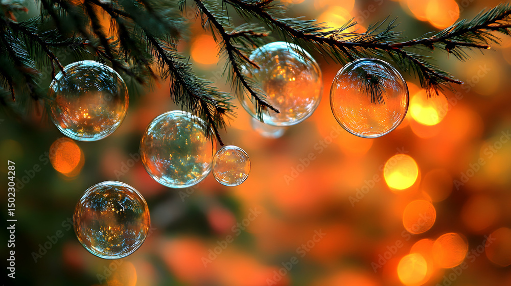 Poster enchanting image of glistening soap bubbles hanging from a pine branch, set against a warm, bokeh ba