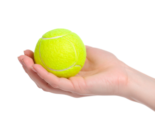 hand holding tennis ball isolated on white background