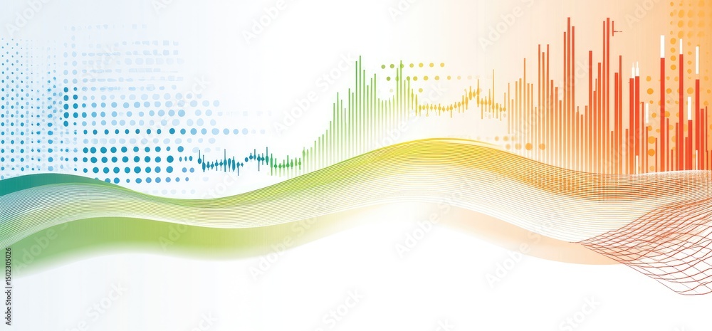 Poster abstract graphic design with flowing lines, data visualizations, and a blend of colors