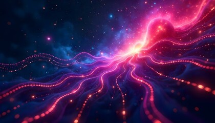 Obraz premium Cosmic technology background featuring a digital nebula with flowing data streams and neon circuits, blending space and advanced tech elements.