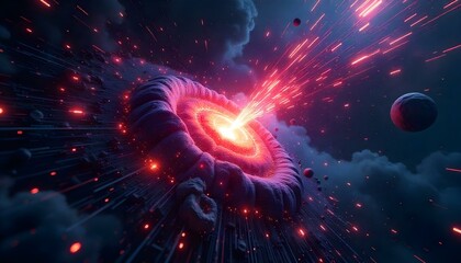 Cosmic technology background featuring a digital nebula with flowing data streams and neon circuits, blending space and advanced tech elements.