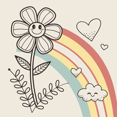 Cute Kid Scribble Line Flower Heart Rainbow Back .
