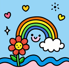 Cute Kid Scribble Line Flower Heart Rainbow Back .