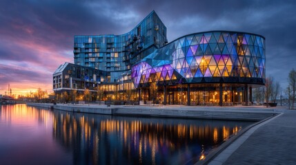 Fototapeta premium Modern hotel complex by a waterfront at sunset