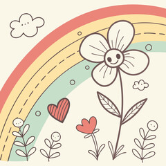 Cute Kid Scribble Line Flower Heart Rainbow Back .