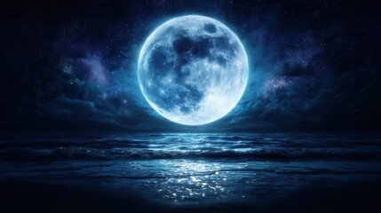 Vast night sky with a luminous full moon over a still ocean