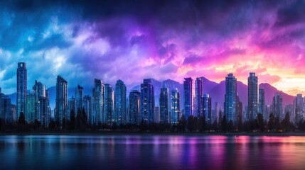 Vibrant city skyline at sunset reflecting in water. Dramatic clouds paint the sky in hues of purple, pink, and blue