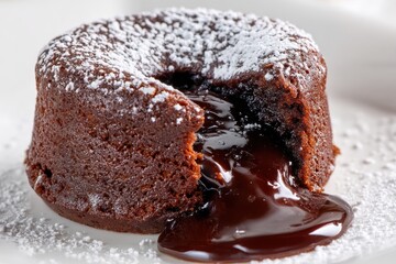 Molten chocolate cake, dusted with powdered sugar, with a rich, dark chocolate lava flowing from its center onto a white plate