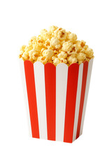 Classic red and white striped popcorn box filled with fresh popcorn on white background. Perfect for cinema, movie night, snack, entertainment, fast food concept, clipping path, transparent, isolated