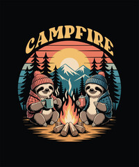 campfire with sloth campeing t shirt design