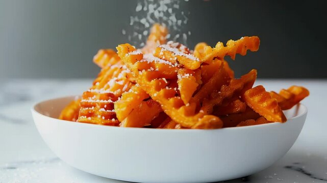 A yummy sweet potato waffle fries, a modern minimal white table top high end kitchen environment, hand sprinkling small amount of sea salt fries, Generative AI Videos.