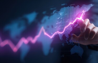 Hand interacts with a glowing upward trending graph overlaid on a digital world map, symbolizing global market growth