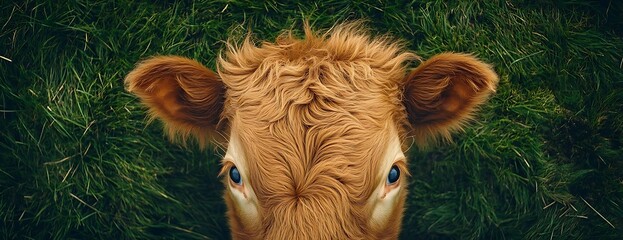 Calf gazing, green pasture