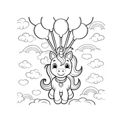 Adorable Unicorn with Balloons Coloring Page Magical Rainbow Flight