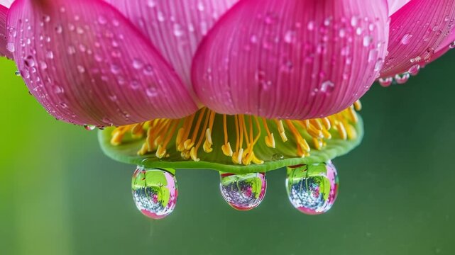 Close up a pink lotus bud hangs upside down, with dewdrops on its petals and a green background, Generative AI Videos.
