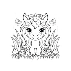 Adorable Unicorn Coloring Page Magical Creature in Flower Meadow