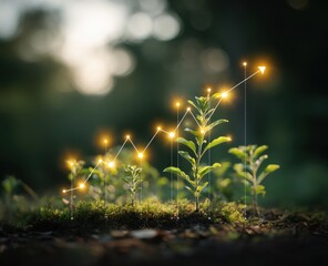Illuminated upward trending graph superimposed on several thriving young green plants sprouting from rich soil, set against a blurred verdant background
