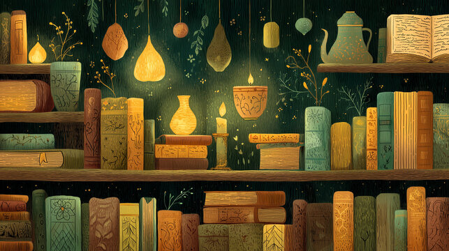 Cozy witch's library bookshelf with warm lighting and floating enchanted elements Halloween illustration