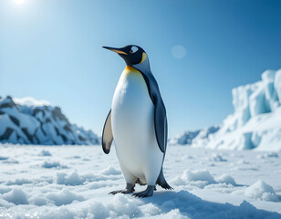 Fototapeta premium Penguin Standing on Snow in Arctic Landscape on a Sunny Day