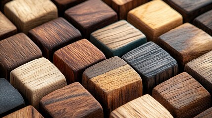 Wooden blocks with diverse grain patterns arranged in a mosaic, emphasizing natural textures and craftsmanship