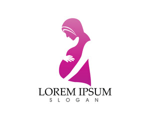 Happy pregnant woman touching her belly. Pregnancy icons