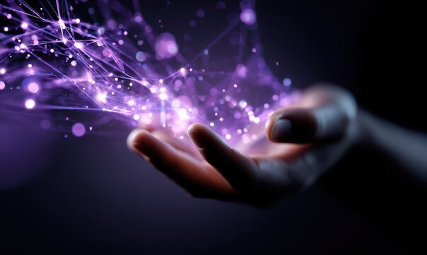 A hand gently cradles an ethereal, purple, glowing network of interconnected nodes and lines, suggesting digital energy or magic