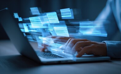 Hands typing on laptop, glowing blue data streams emanate, suggesting fast digital communication and data processing