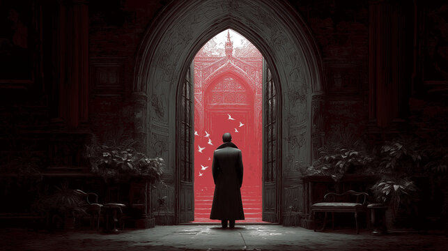 Dracula standing in the doorway of this gothic mansion on Halloween vampire