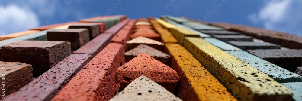 Aufkleber colorful decorative bricks arranged in a diagonal row against a bright sky showcasing unique texture