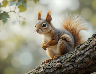 Obraz premium Squirrel Sitting on Tree Branch Looking Alert in Nature