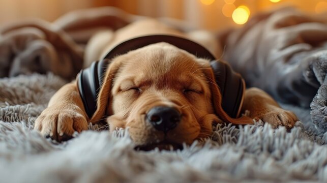 Cozy moments of a dog resting peacefully with headphones in a tranquil room at home