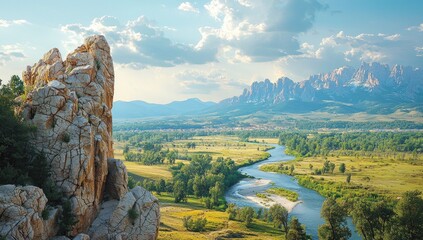 Obraz premium Panoramic view of a valley with a winding river, mountains, and a rocky outcrop.