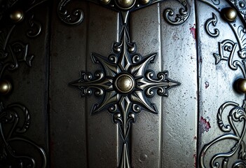 Ornate metal shield with intricate designs.