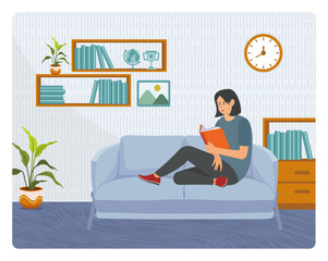 Relax zone concept. Young Woman Reading a Book on a Sofa in a Cozy Living Room.