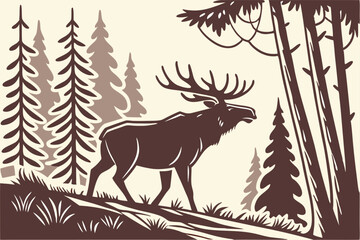 Majestic Moose Silhouette in Forest – Retro Wildlife Graphic Illustration