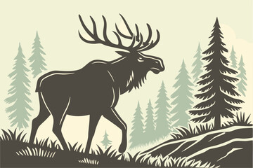 Majestic Moose Silhouette in Forest – Retro Wildlife Graphic Illustration