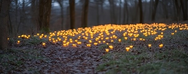 Forest path, glowing lights, night scene, magical atmosphere