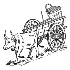 Ox-Powered Cart in an Agricultural Setting Vintage Black and White