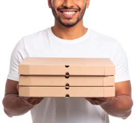 man holding brown pizza pack isolated on white background