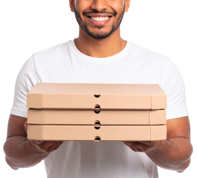 man holding brown pizza pack isolated on white background