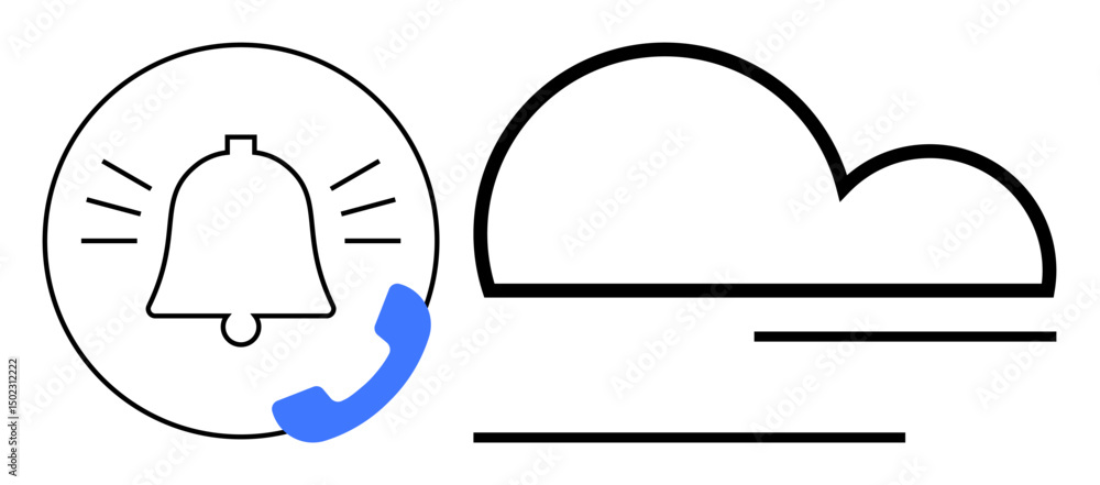 Poster ringing bell with sound lines and phone receiver next to a cloud with horizontal lines. ideal for co