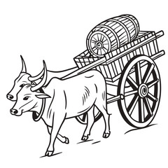 Fototapeta premium Two Oxen Pulling a Cart with a Barrel