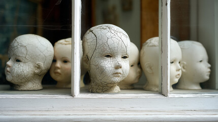 Eerie doll shop window display with creepy unsettling cracked doll  heads