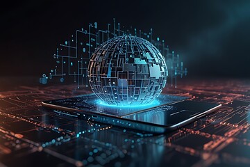 Digital world map displayed on a laptop screen, symbolizing global business and internet communication